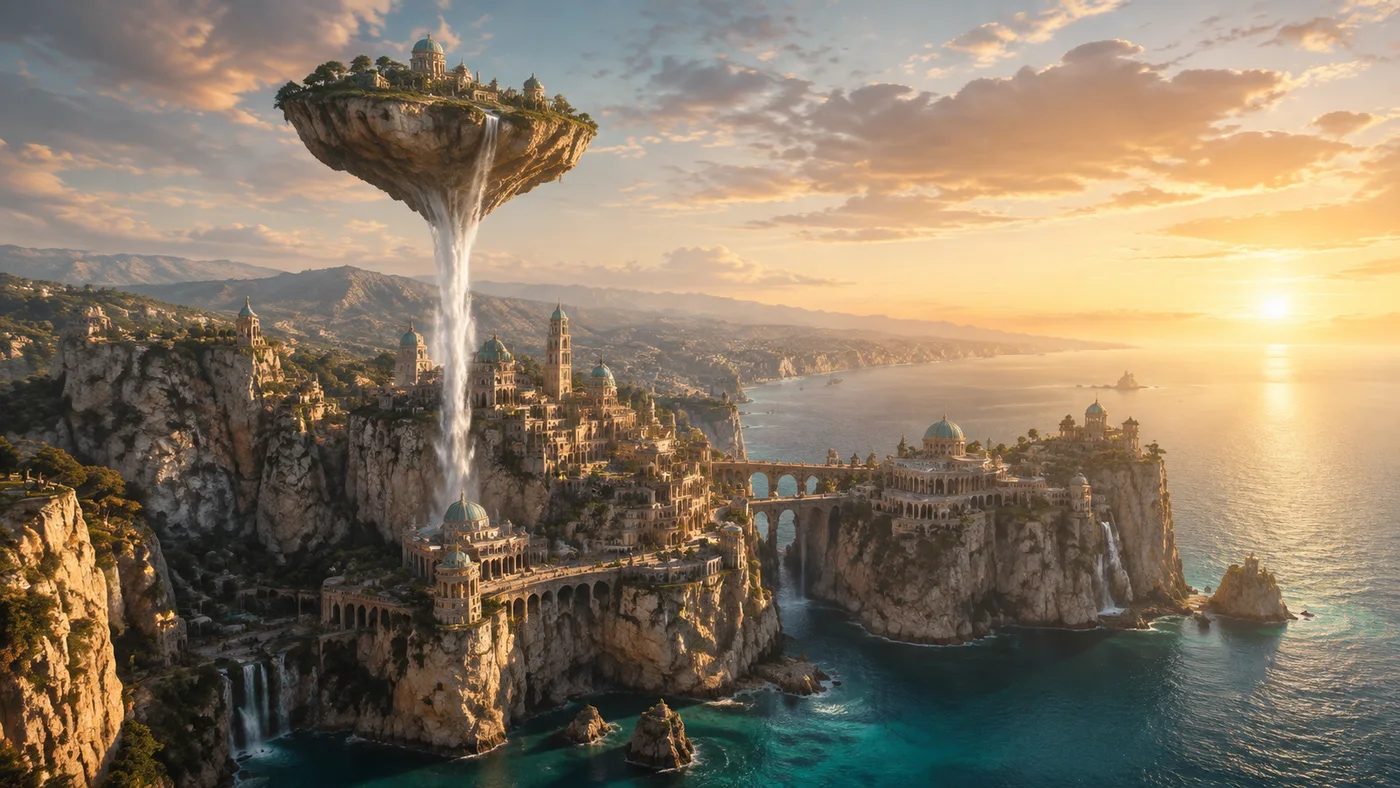 AI-generated fictional coastal city with floating islands