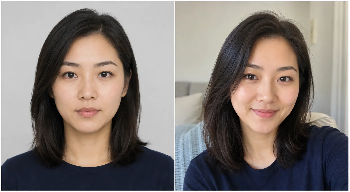 AI-generated reference and selfie of a fictional adult
